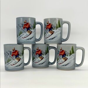 Vintage Set Of 5 Otagiri Japan Skier Design Coffee Mugs